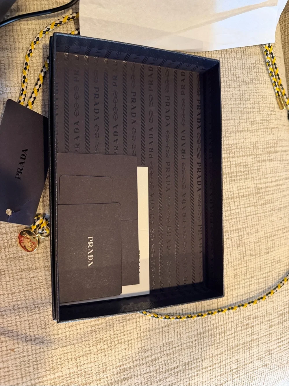 Prada Tan Brown Leather Phone Case with Black Trim and Braided Lanyard